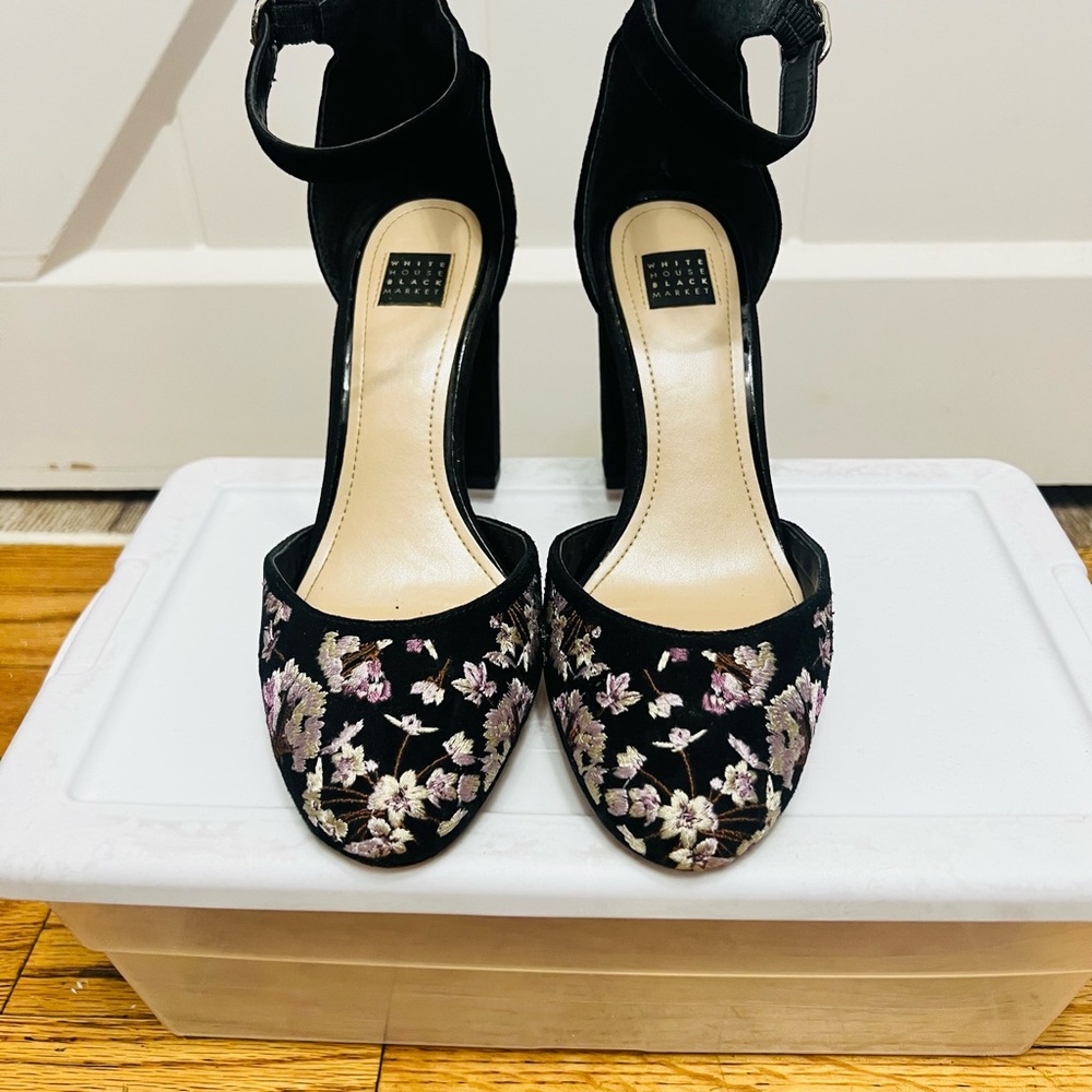 White House Black Market Black Floral Heels